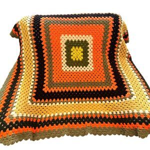 Handmade Retro Granny Square Crochet Blanket 80x70 – Orange Olive Tan